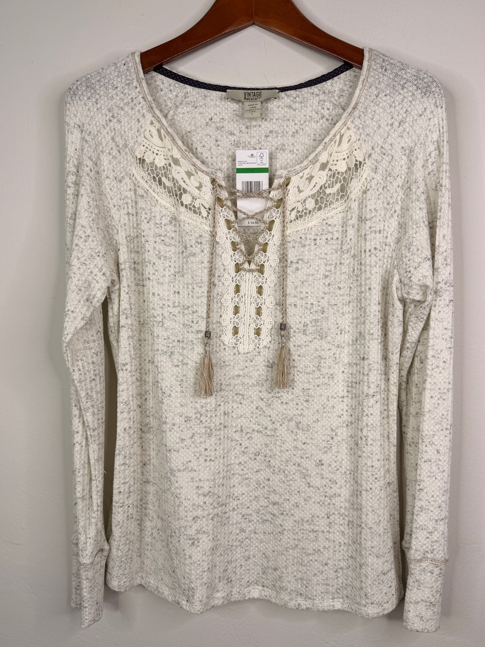 Vintage America Blues Lace Up Thermal Knit Top Womens Large NWT Boho